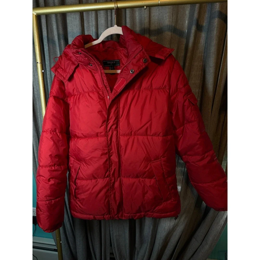 Forever 21 Men Red Puffer Jacket Detachable Hood Quilted Winter Coat‎ Large